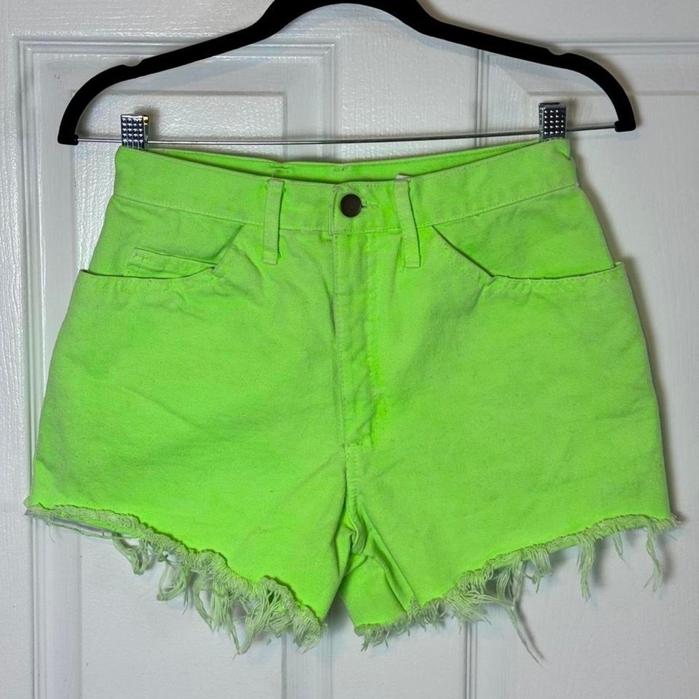 VTG Fredricks Of Hollywood Neon Lime Fringe Denim High Waist Womens Shorts- Read